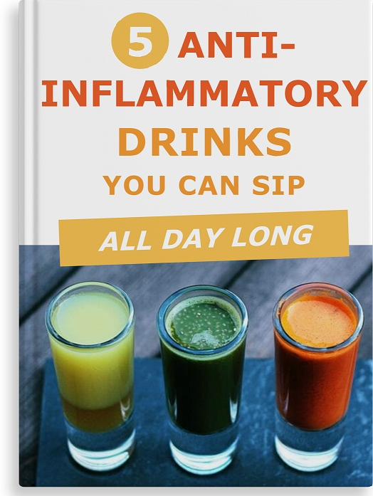A book cover titled "5 Anti-Inflammatory Drinks You Can Sip All Day Long" with three shot glasses containing yellow, green, and orange-red health drinks on a dark surface below the text.