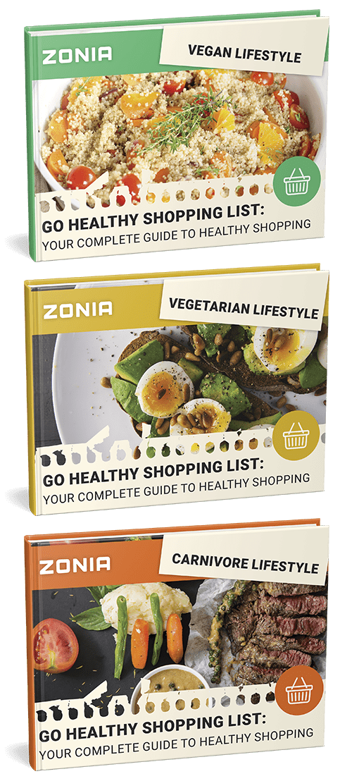 Three Zonia "Go Healthy Shopping List" books are stacked, each focusing on a different dietary lifestyle. The top green book features a vegan grain salad, the middle yellow book shows vegetarian avocado toast with eggs, and the bottom orange book displays a carnivore steak meal.