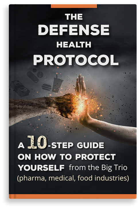 Book cover for "The Defense Health Protocol" showing a clean hand pushing back a dark, distressed hand with an energetic burst, representing protection from the pharma, medical, and food industries.