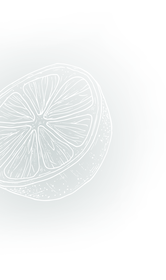 White line art of a citrus slice on a dark teal background with torn white borders.